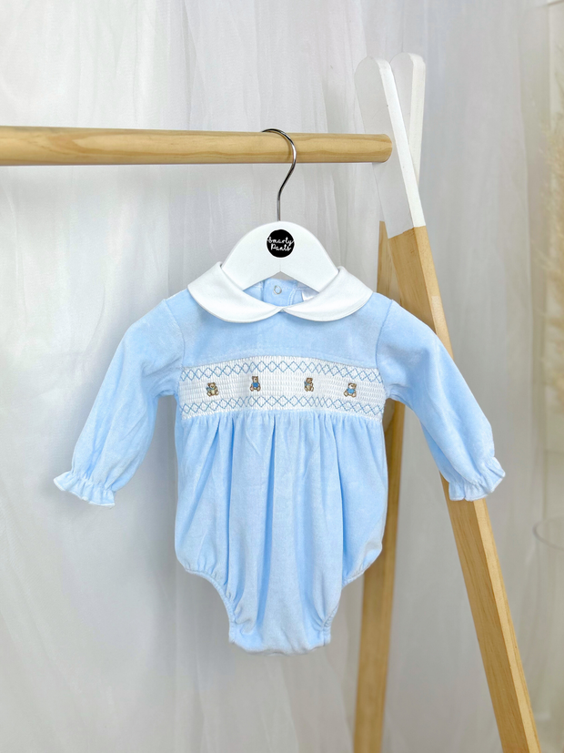 Blue Teddy Smocked Romper