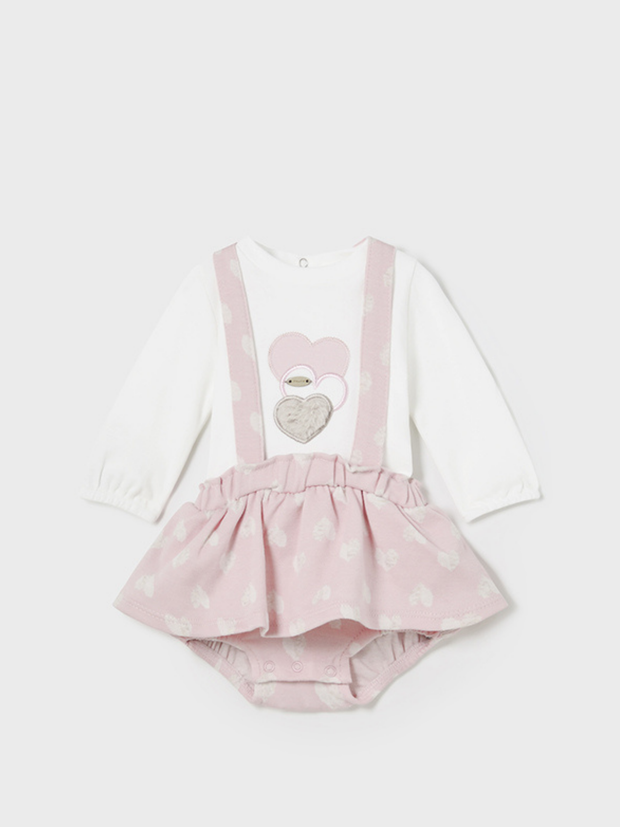 Mayoral Baby Girl Pink Hearts Dungaree Romper With Cardigan