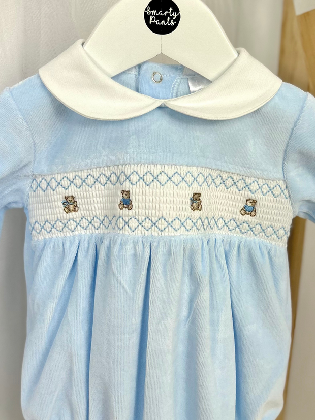 Blue Teddy Smocked Romper