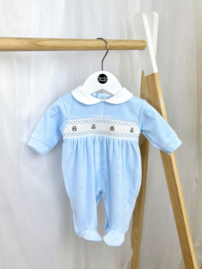 Blue Teddy Smocked Sleepsuit