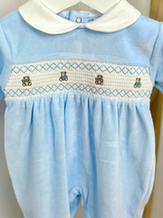 Blue Teddy Smocked Sleepsuit