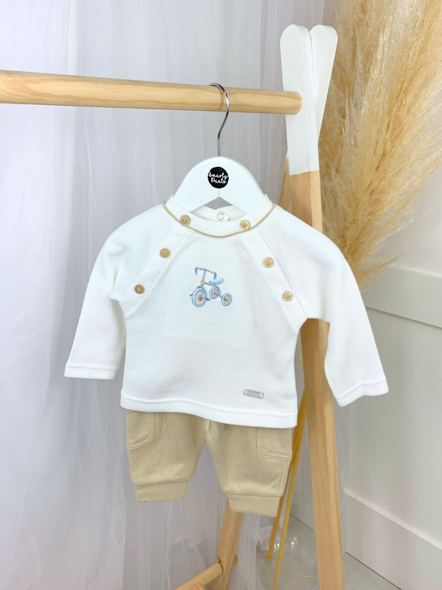 Mintini Baby Boy Bike Embroidered White & Beige Outfit Set