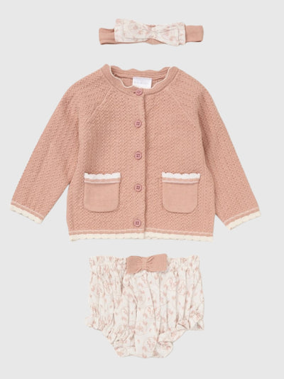 Baby Pink Floral Knitted Outfit Set - 4 Piece (0M-12M)