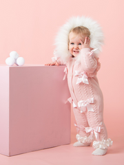 Caramelo Kids Baby Girl Knitted Bow Pramsuit With Faux Fur Hood