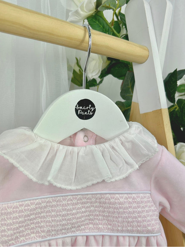 Pex Pink Smocked Velour Babygrow (0M-9M)