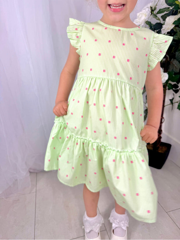 iDo Junior Girl Green Tiered Dress With Pink Flowers