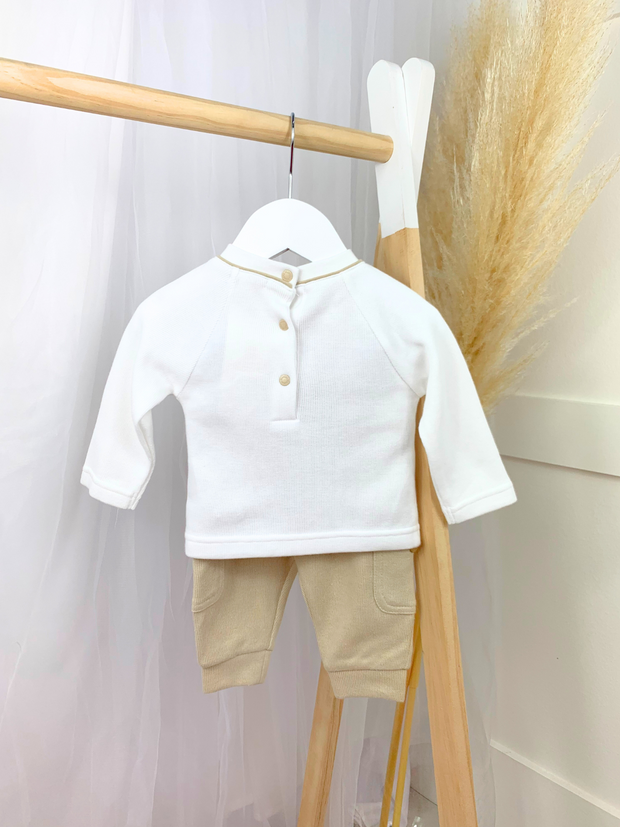 Mintini Baby Boy Bike Embroidered White & Beige Outfit Set