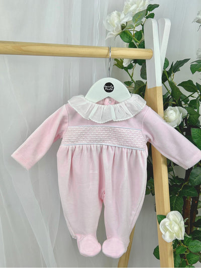 Pex Pink Smocked Velour Babygrow (0M-9M)