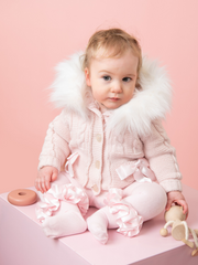 Caramelo Kids Baby Girl Knitted Bow Pramsuit With Faux Fur Hood