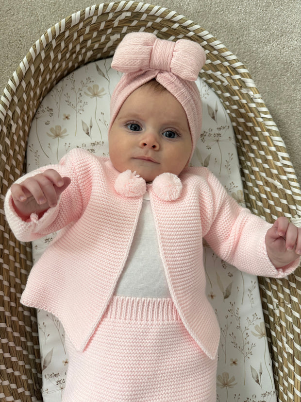Pink Knitted Pom Pom Jacket and Trouser Set (NB-6M)