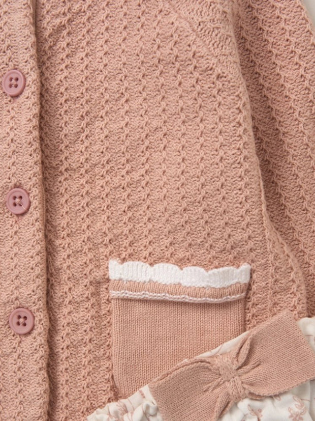 Baby Pink Floral Knitted Outfit Set - 4 Piece (0M-12M)