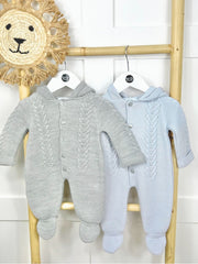 Unisex Grey Knitted Pramsuit with Pom Pom Hood - 2 Shades