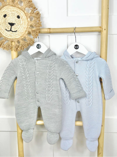 Unisex Grey Knitted Pramsuit with Pom Pom Hood - 2 Shades