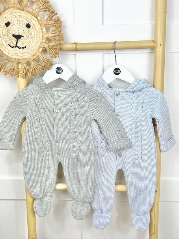 Unisex Grey Knitted Pramsuit with Pom Pom Hood - 2 Shades