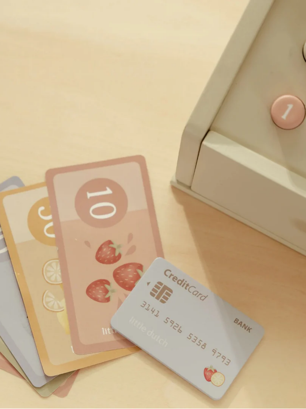 Little Dutch Wooden Cash Register Toy for Kids with play money and credit card for imaginative shopping.