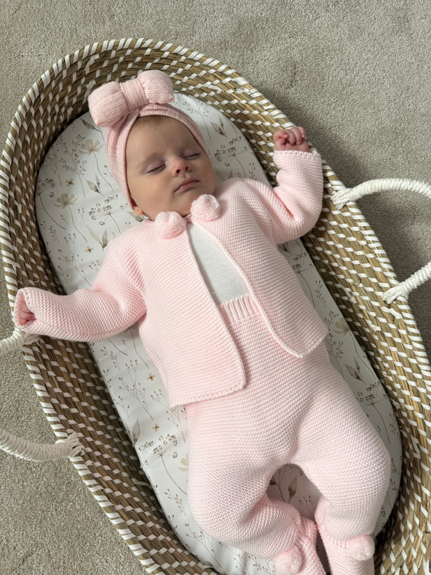 Pink Knitted Pom Pom Jacket and Trouser Set (NB-6M)