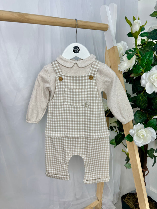 Tutto Piccolo Baby Boy Beige Gingham Dungaree Babygrow (3M-12M)