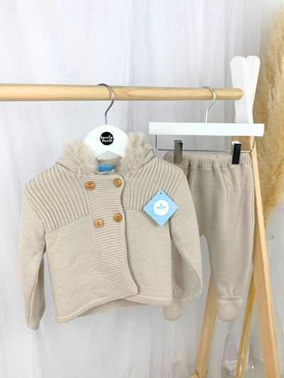 Baby Boy Taupe Knitted Outfit Set With Faux Fur Hood