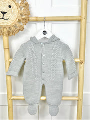 Unisex Grey Knitted Pramsuit with Pom Pom Hood - 2 Shades