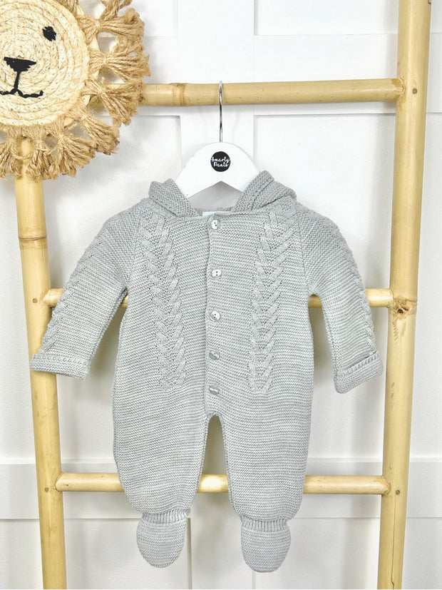 Unisex Grey Knitted Pramsuit with Pom Pom Hood - 2 Shades