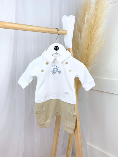 Mintini Baby Boy White & Beige Romper