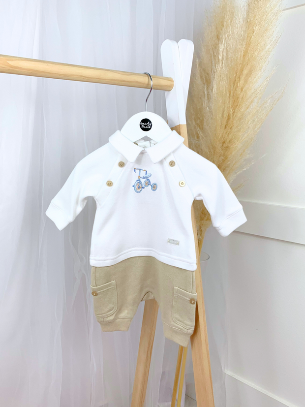 Mintini Baby Boy White & Beige Romper