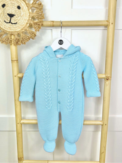 Blue Knitted Pramsuit with Pom Pom Hood