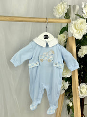 EMC Baby Boys  Blue Gingham Car Babygrow