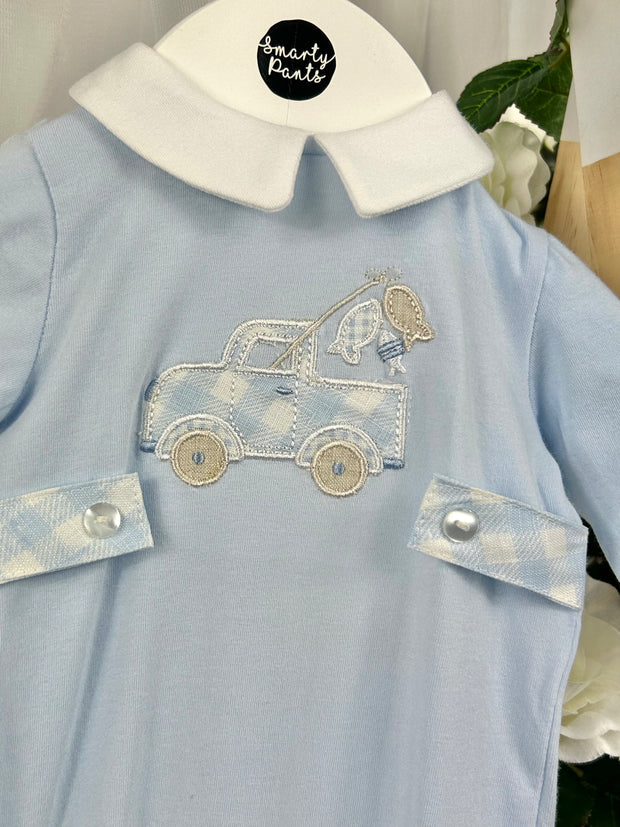 EMC Baby Boys  Blue Gingham Car Babygrow