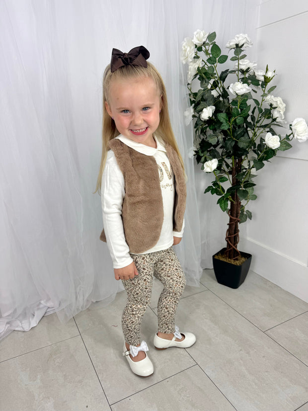Girls 'Love' Neutral 3 Piece Gilet Outfit Set (2Y-5Y)
