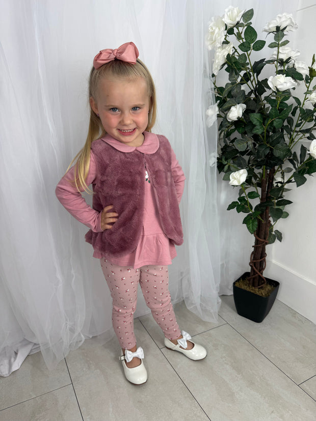 Girls Pink Floral 3 Piece Gilet Outfit Set (2Y-5Y)