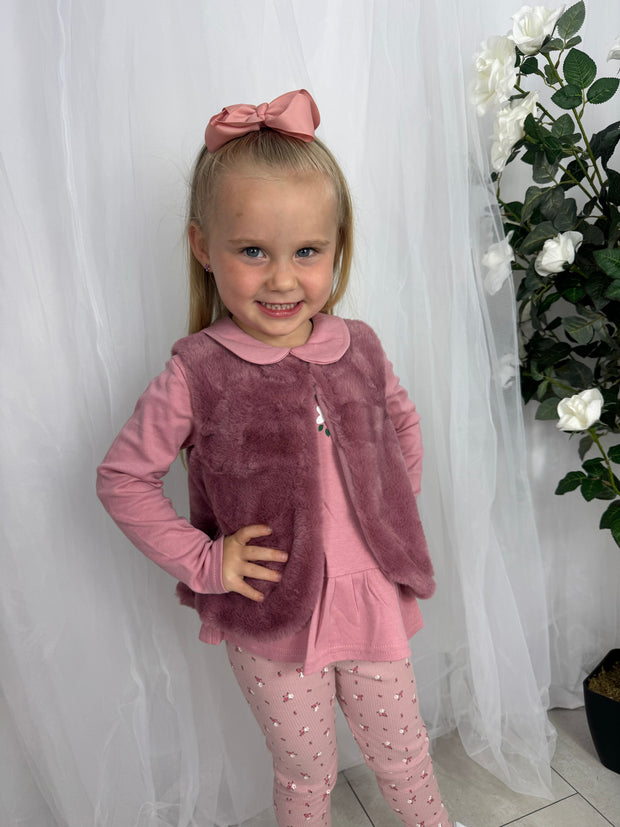 Girls Pink Floral 3 Piece Gilet Outfit Set (2Y-5Y)