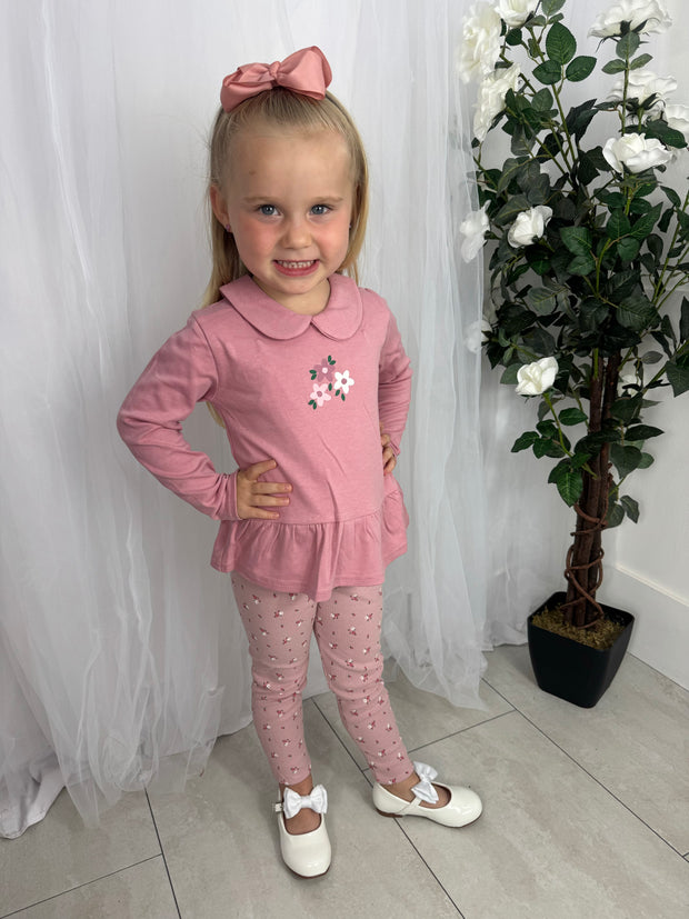 Girls Pink Floral 3 Piece Gilet Outfit Set (2Y-5Y)