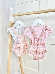 Baby Girl Pink & White Check Romper Dungaree Outfit Set