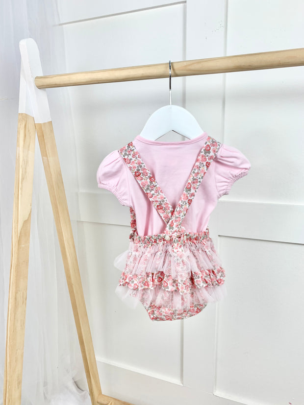 Baby Girl Pink Floral Dungaree Romper Outfit Set