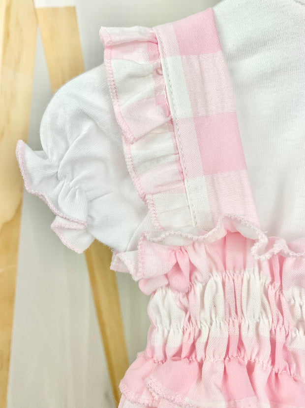 Baby Girl Pink & White Checked Dungaree Romper Outfit Set