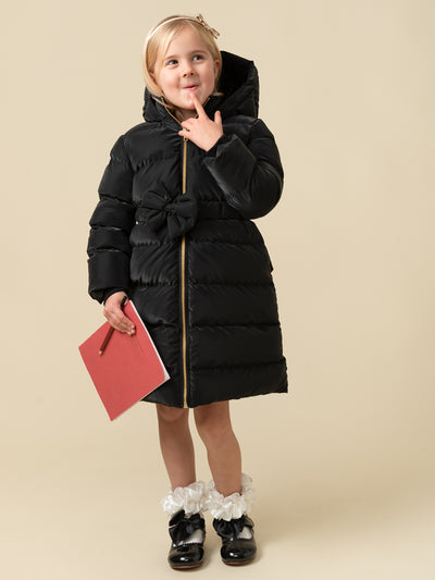 Black Matte Puffer Jacket with Bow