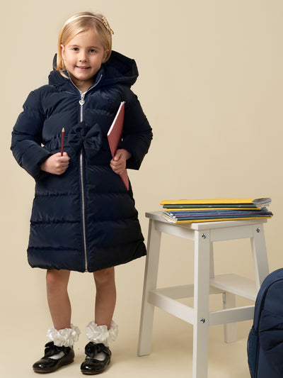 Navy Matte Puffer Jacket with Bow