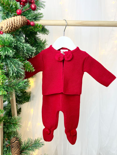 Red Knitted Pom Pom Jacket and Trouser Set