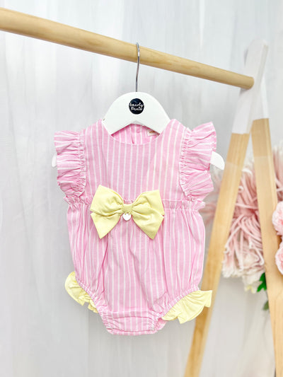 Pink and Yellow Stripe Bow Romper