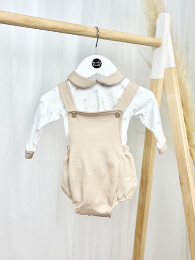 Beige Woodland Print Dungaree Outfit Set