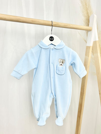 Patch the Dog Blue Velour Babygrow