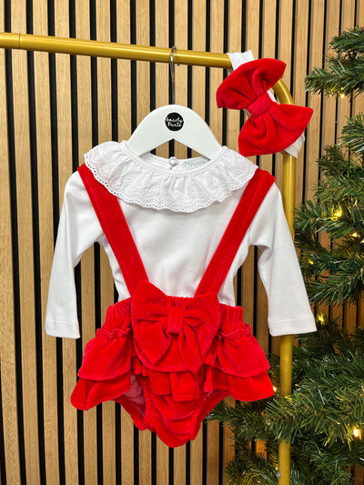 Red Bow Velour Pinafore Romper Outfit Set with Headband