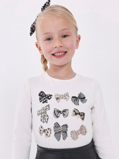Mayoral Junior Girl White & Black Bow Top with Scrunchie
