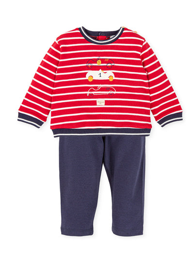 Tutto Piccolo Red and White Stripe Cars Outfit Set
