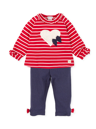 Tutto Piccolo Red and White Stripe Heart Outfit Set