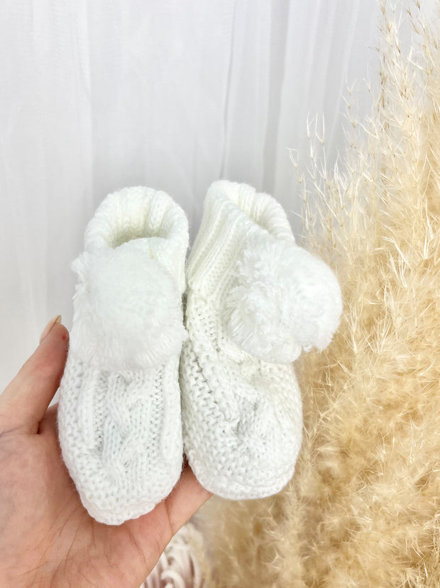 Knitted Pom Pom Booties - 3 Colours