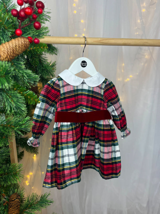 Red Tartan Dress with Velour Bow