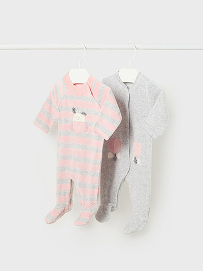 Mayoral Baby Girl Light Pink & Grey Velour Babygrows - 2 Pack