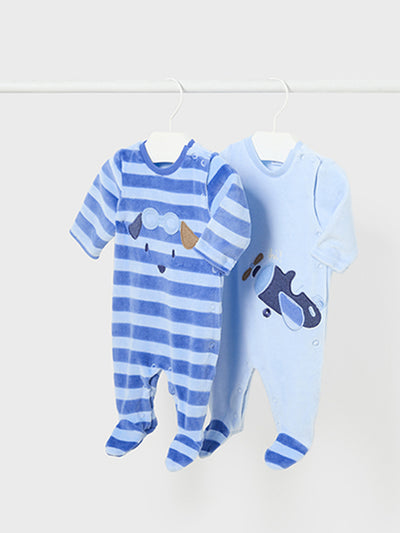 Mayoral Baby Boy Blue Velour Stripe Babygrows - 2 Pack